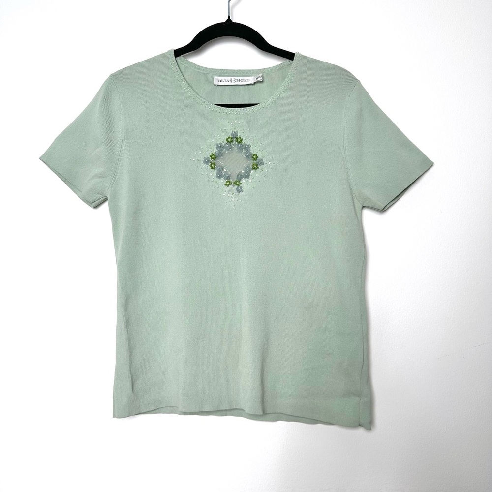 Vintage Grannycore Pastel Green Floral Embroidered Beaded Ribbed Knit Top